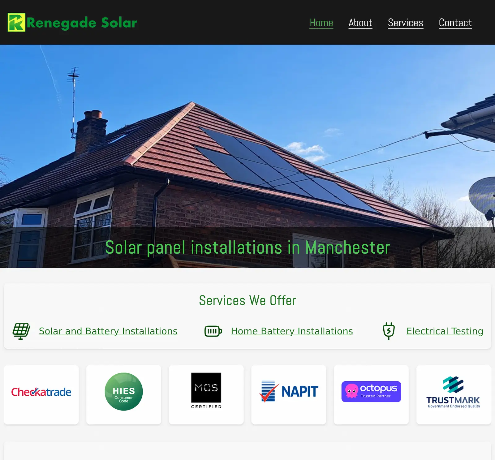 Screenshot of the homepage of Renegade-Solar.co.uk