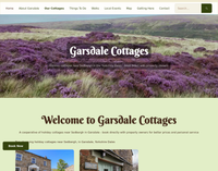 Garsdale Cottages homepage showing the site title over a heather-covered Yorkshire Dales hillside, with navigation links for cottages, walks, things to do, and local events