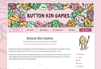 The ButtonKin.com homepage, showing a pink theme with links saying "Home", "About", "Games", "Adventures", "Blog"