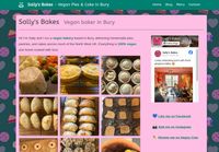 The homepage of Sally's Bakes, showing a colourful green and pink design with pictures of her cakes and pasties front and centre. There's a Facebook feed, links to social media pages, and "Home", "Menu", "Blog" and "Contact" pages