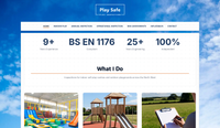 Play Safe Play Inspection website - a navy blue professional theme with stats blocks and image cards